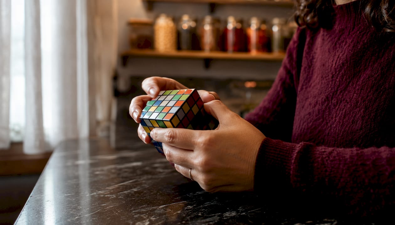 Hands manipulating 5x5x5 Rubik's Cube puzzle