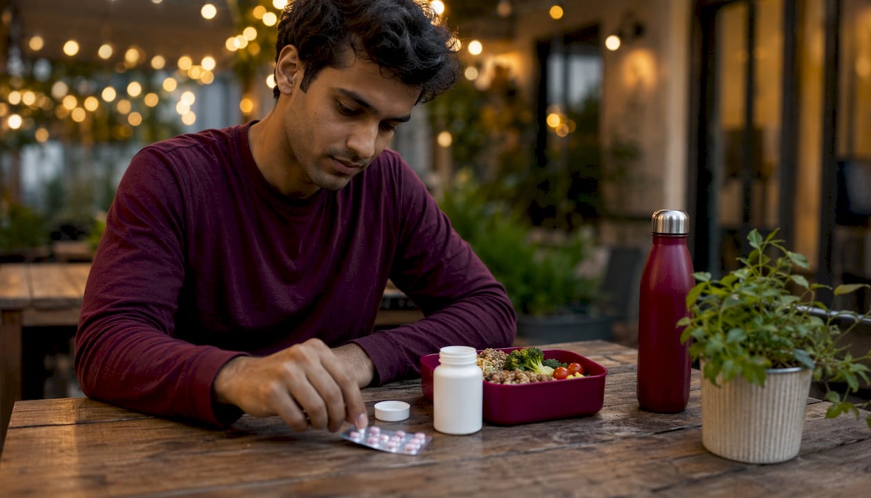 Young man pairing supplements with meal outdoors