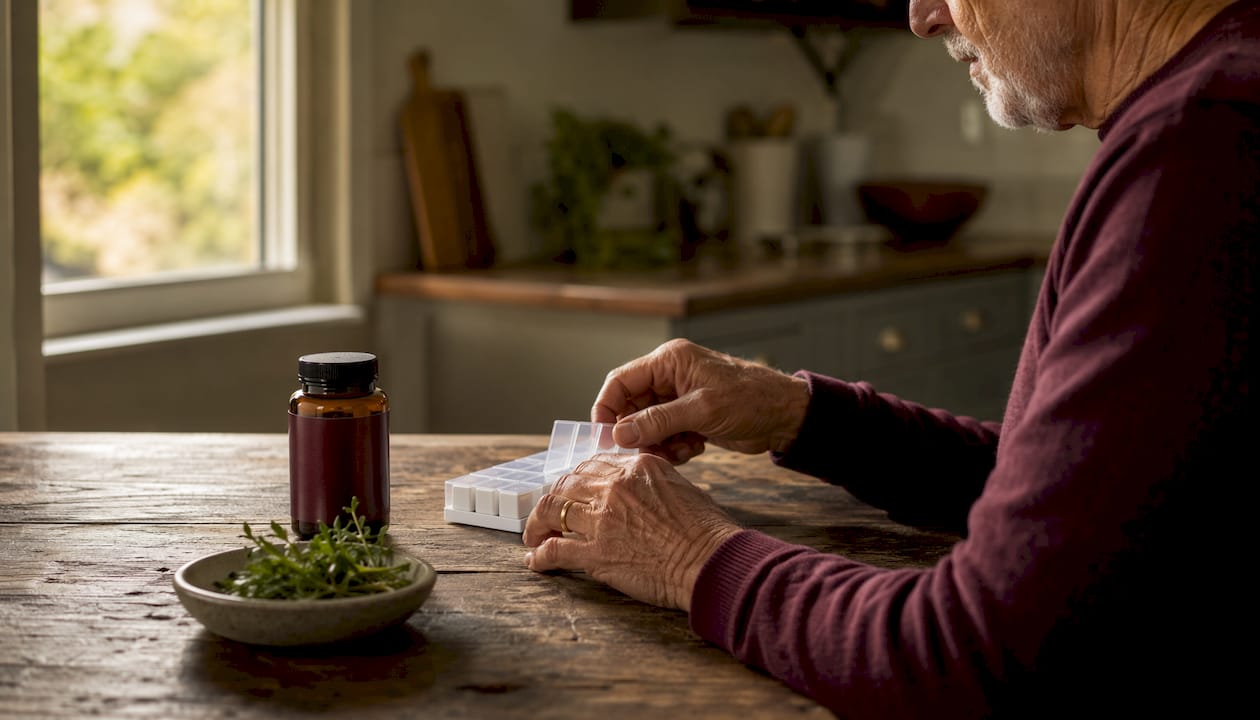 Senior man organizing supplements for gut health