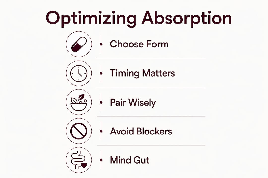 Infographic showing key steps to optimize supplement absorption