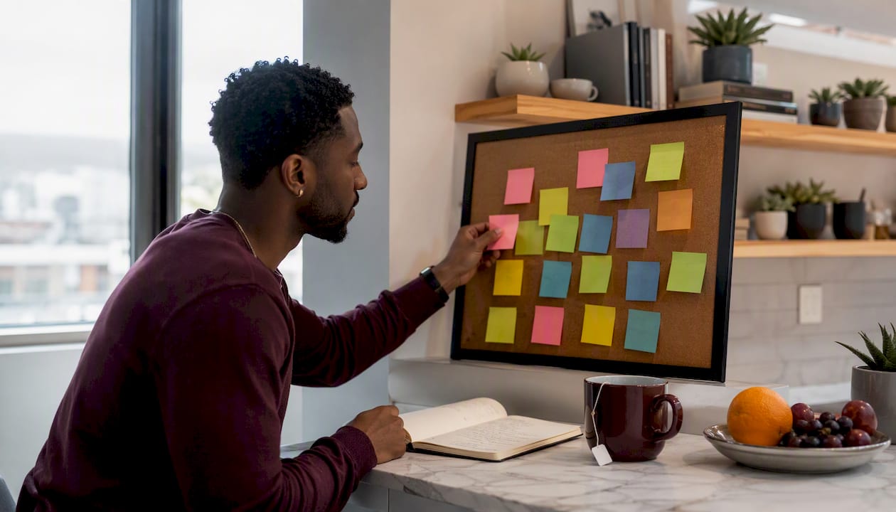 Man arranging sticky notes on corkboard in home office