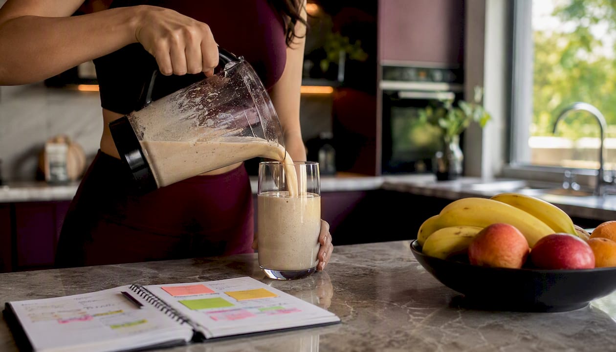 Hands blending mass gainer shake at table