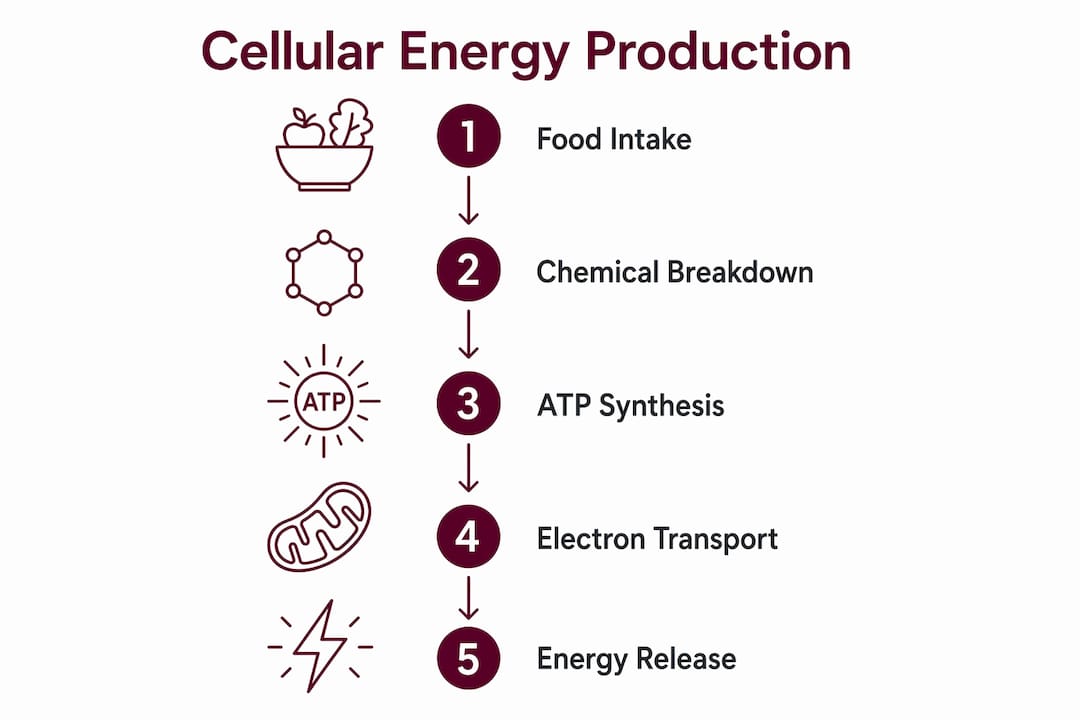 Infographic showing five steps of cellular energy production