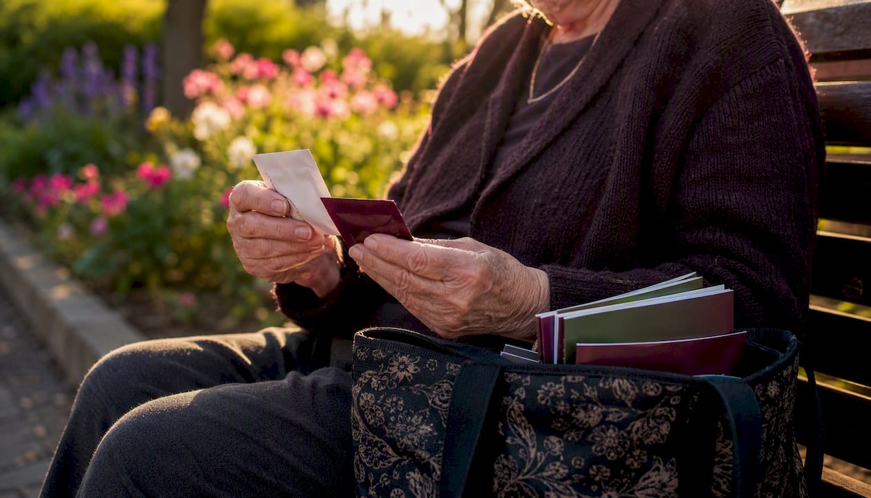 Hands holding free supplement single-serve packets outdoors