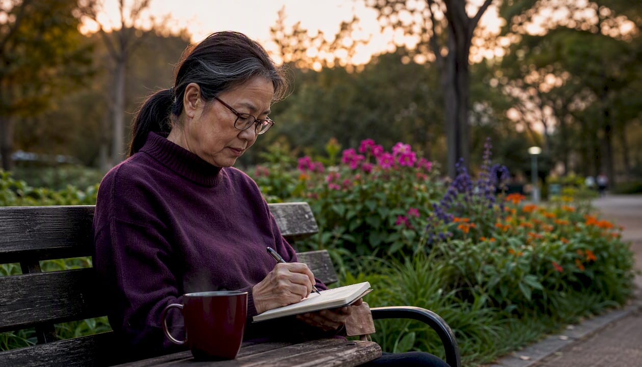 Woman writing notes at café table