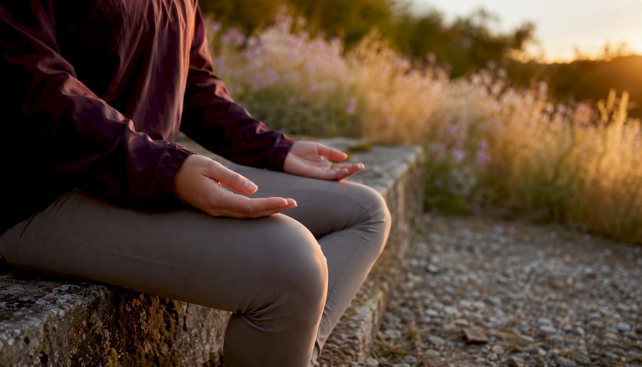 Hands resting in mindful breathing pose outdoors