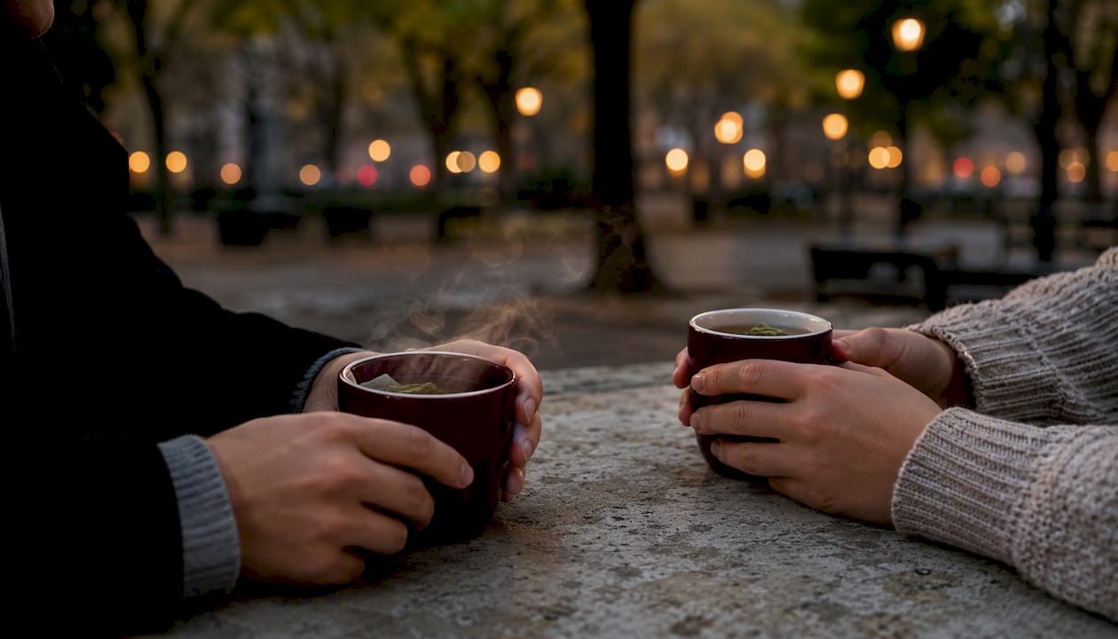 Hands holding coffee cups at outdoor cafe