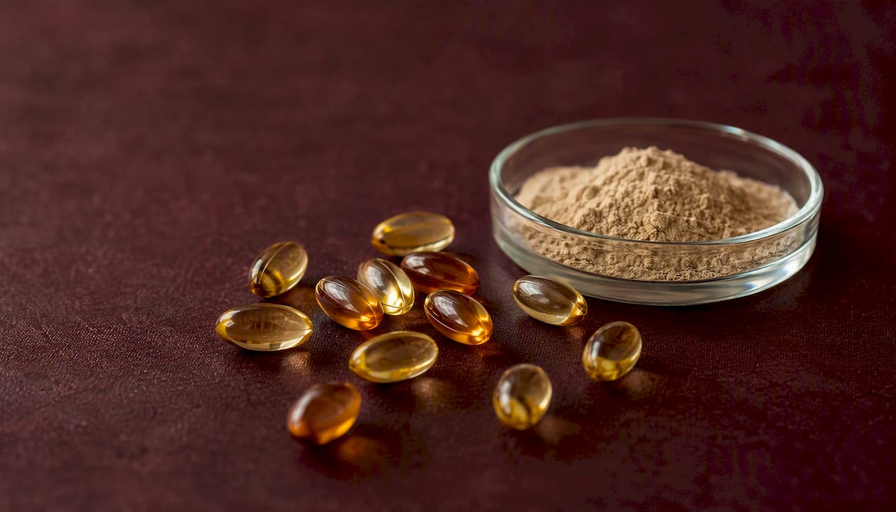 Close-up of lipid-based CoQ10 softgel capsules