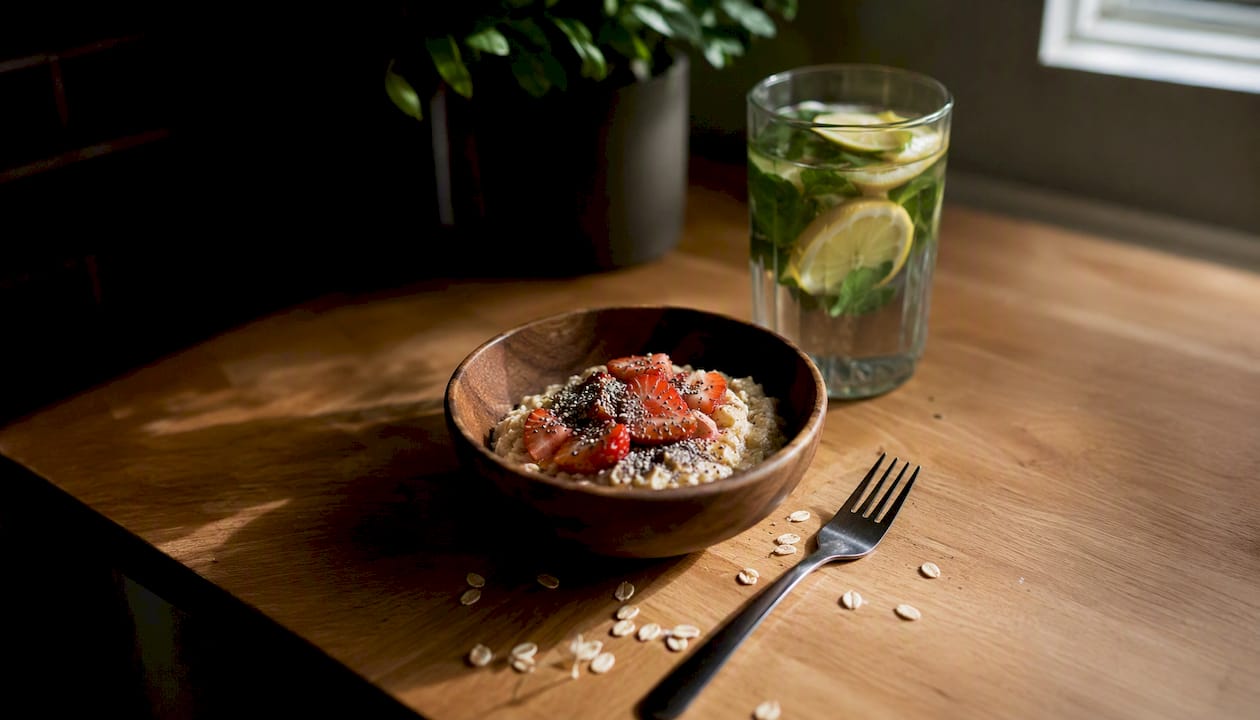 Oatmeal bowl with banana, honey and water
