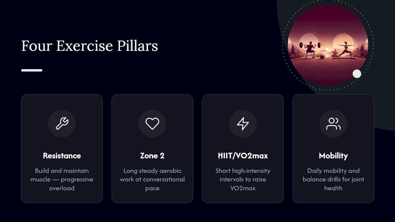 Diagram of four exercise pillars for longevity