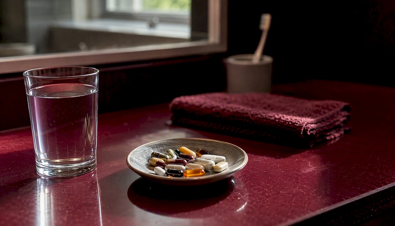 Morning wellness routine capsules on bathroom counter