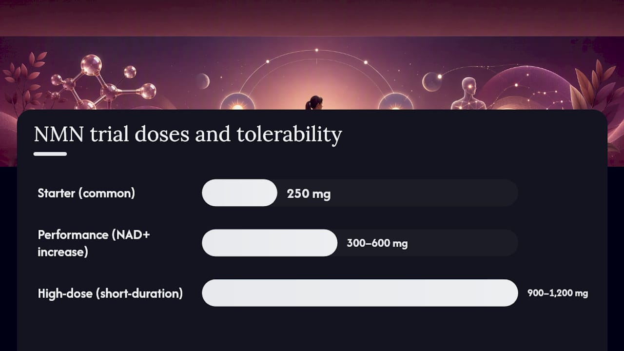Diagram showing NMN dosage ranges and related outcomes