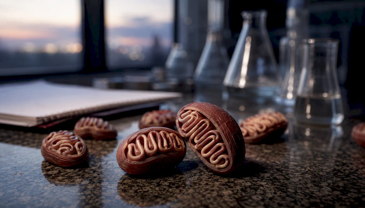 Close-up artistic mitochondria models on dark surface
