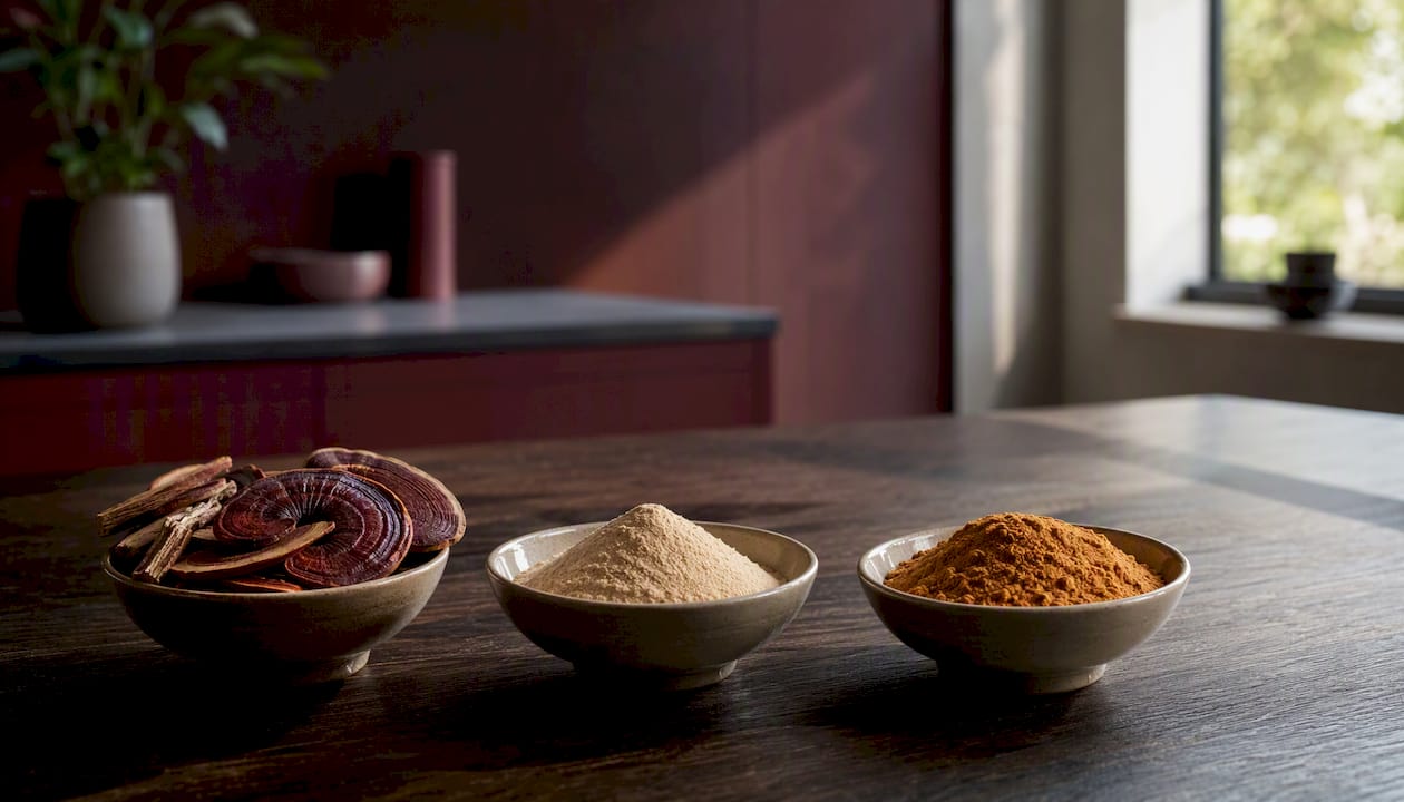 Bowls with reishi mushroom slices, powder, and spores
