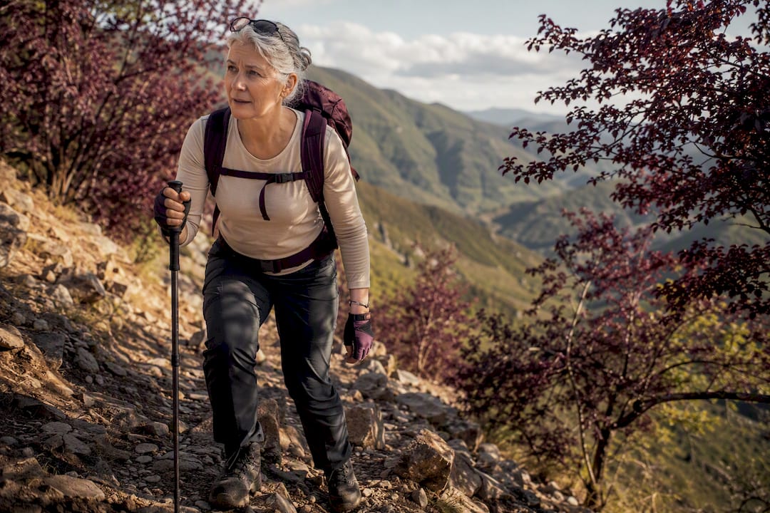 Mature adult hiking energetically on forest trail