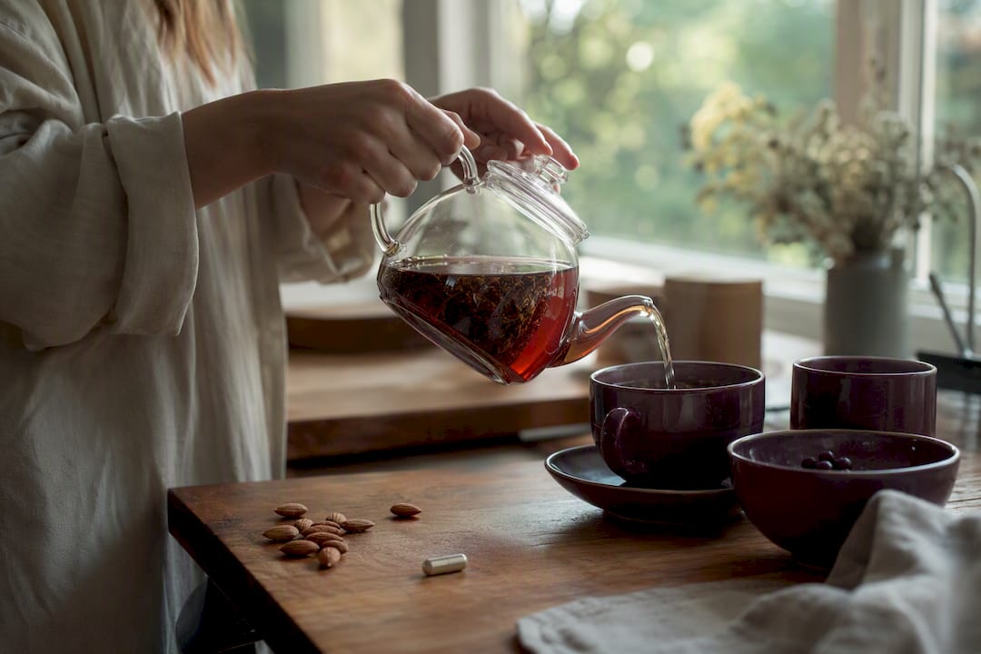 Morning supplement routine with tea and capsule