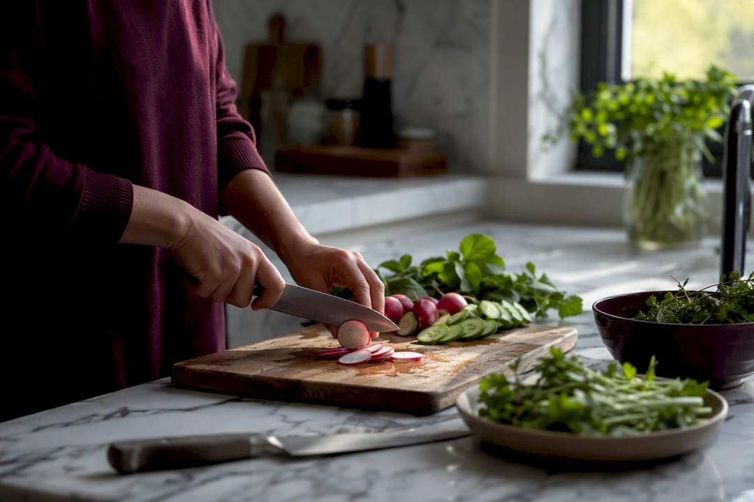 Hands chopping herbs in kitchen