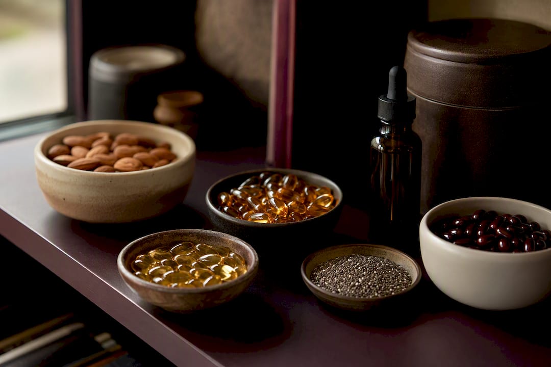CoQ10 and antioxidant ingredients on wellness desk