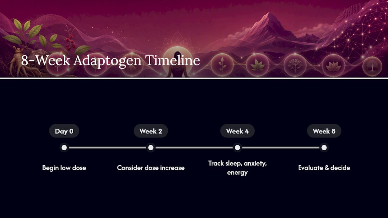Adaptogen dosing timeline with effects on sleep, anxiety, energy