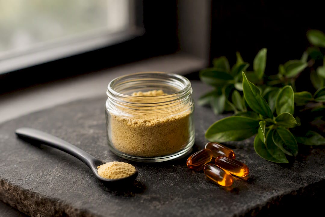 CoQ10 powder and softgel capsules side by side