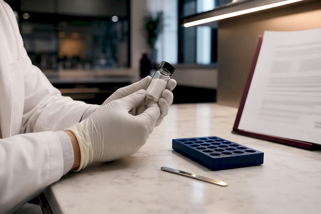 Technician reviewing supplement COA beside sample vial