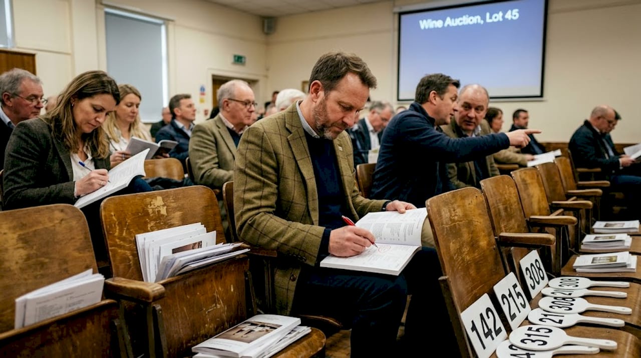Man reviewing catalog at wine auction