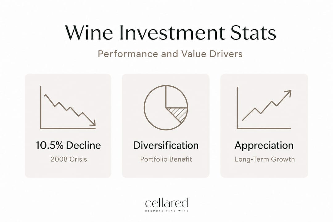 Wine investment performance infographic with key stats