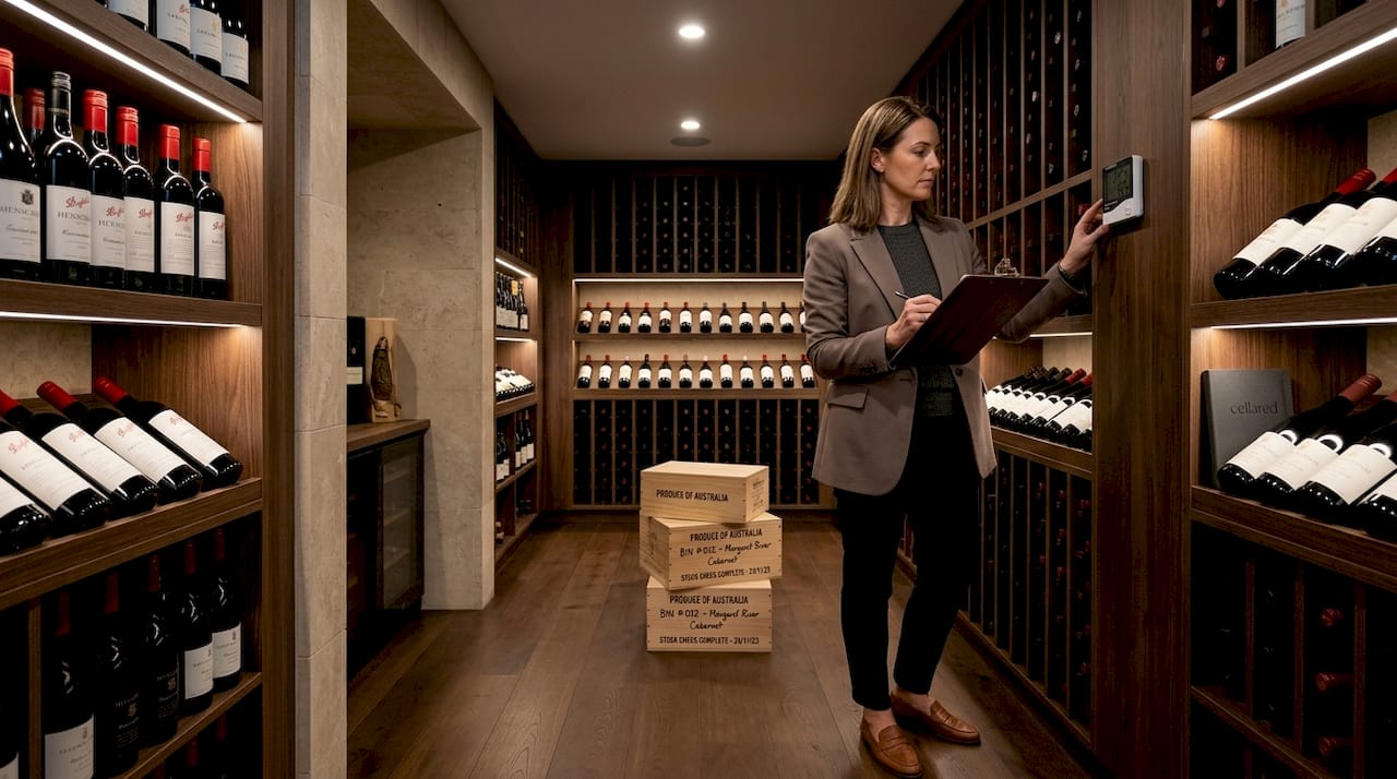 Wine adviser inspecting cellar storage conditions