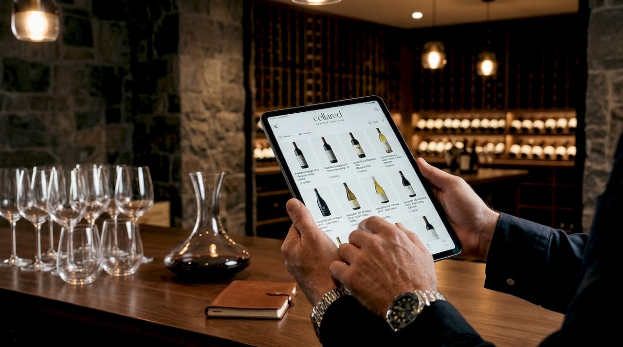 Hands using digital wine inventory tablet