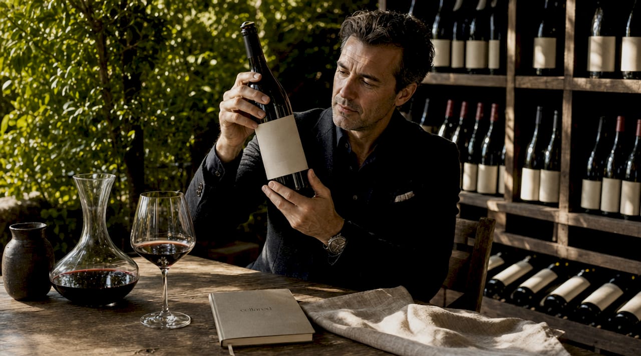 Sommelier inspecting wine bottle fill level and glass markings