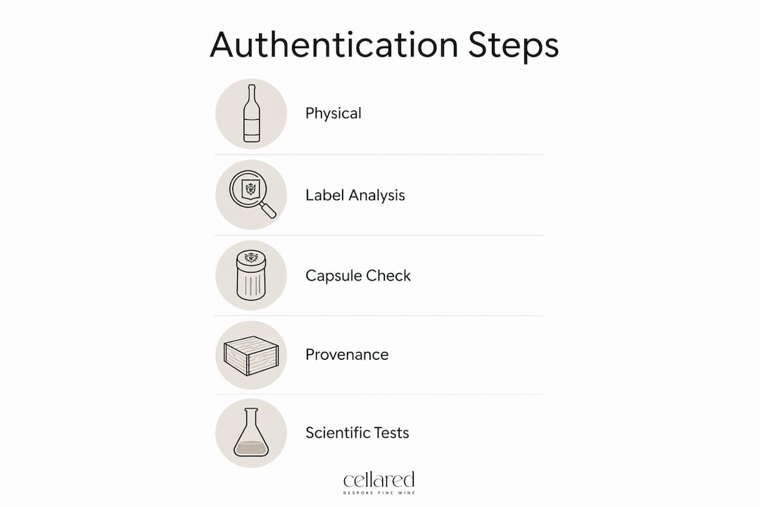 Infographic showing key wine authentication steps