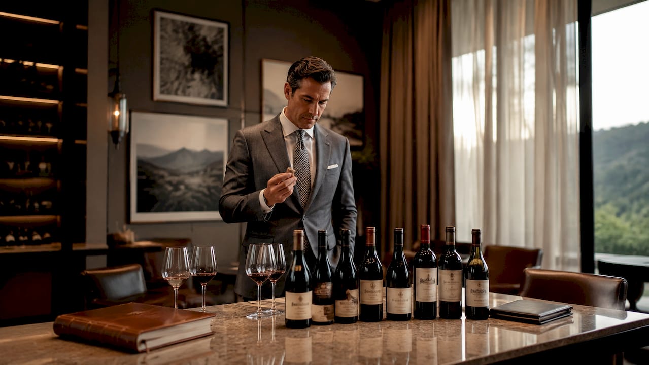 Hands examining vintage wine bottles during appraisal