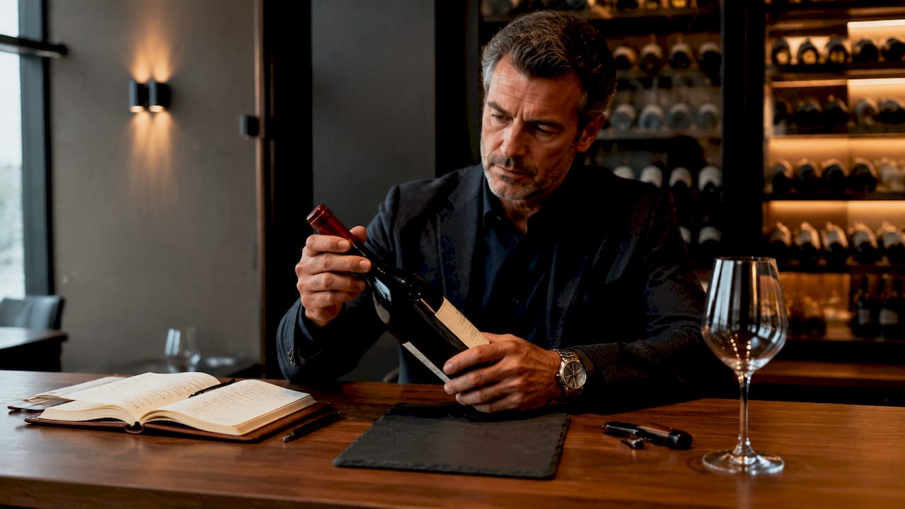 Expert assessing vintage wine bottle label