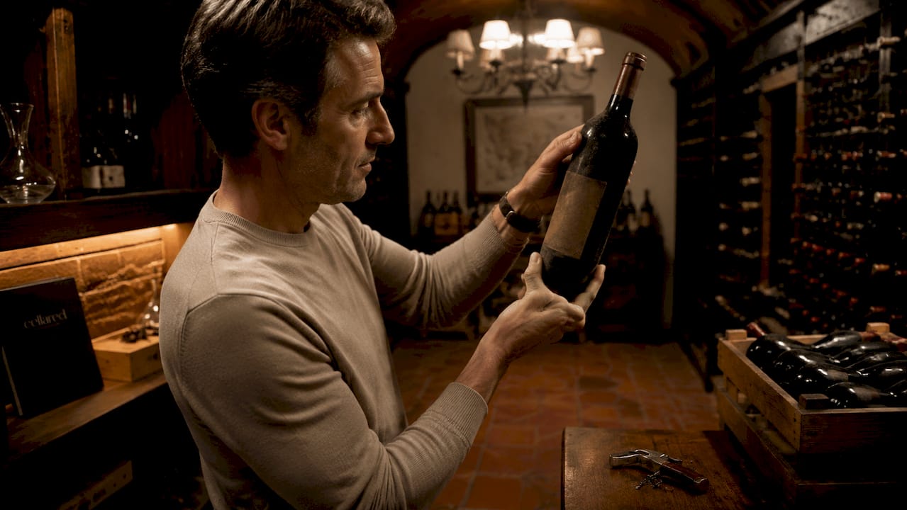 Close-up of hands inspecting vintage wine bottle