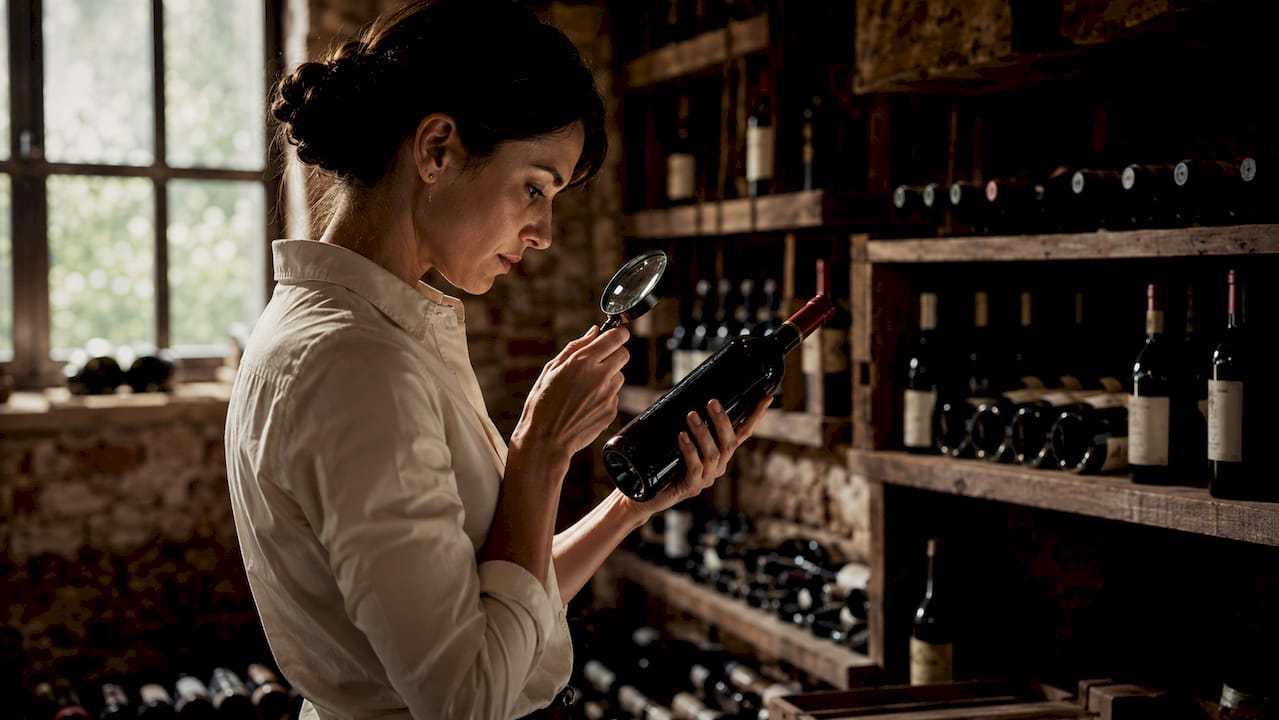 Sommelier inspecting vintage wine bottle in cellar
