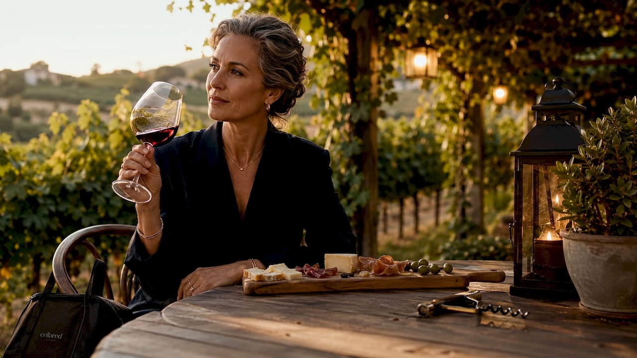 Woman tasting top vintage wine in luxury tasting room