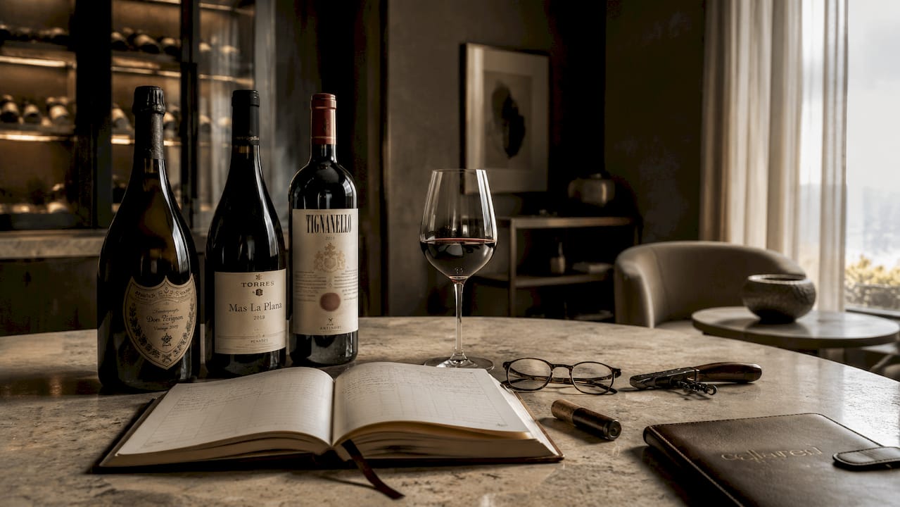 Close-up of luxury wine bottles and investment ledger