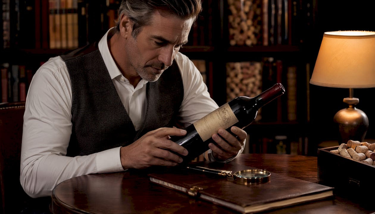 Hands inspecting vintage wine bottle for valuation