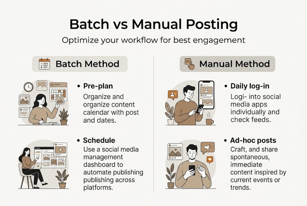 Infographic comparing batch and manual posting