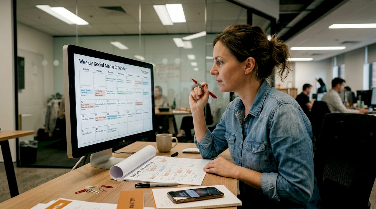 Manager analyzing automated posting calendar at desk