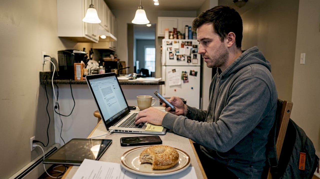 Man revising social post captions in kitchen