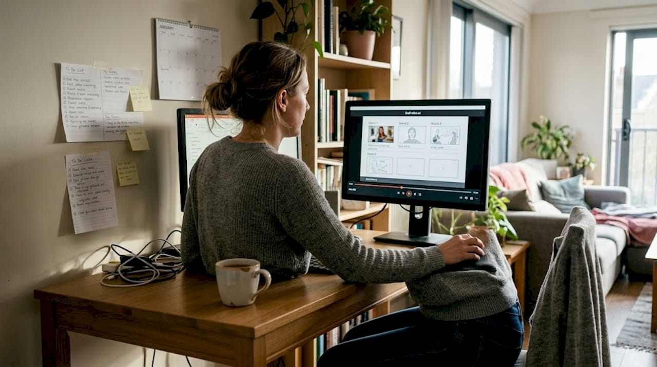 Marketer reviewing video ad draft at desk
