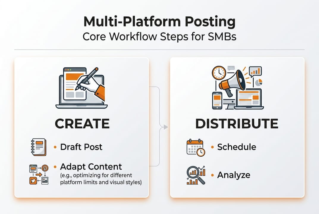 Infographic showing multi-platform posting workflow