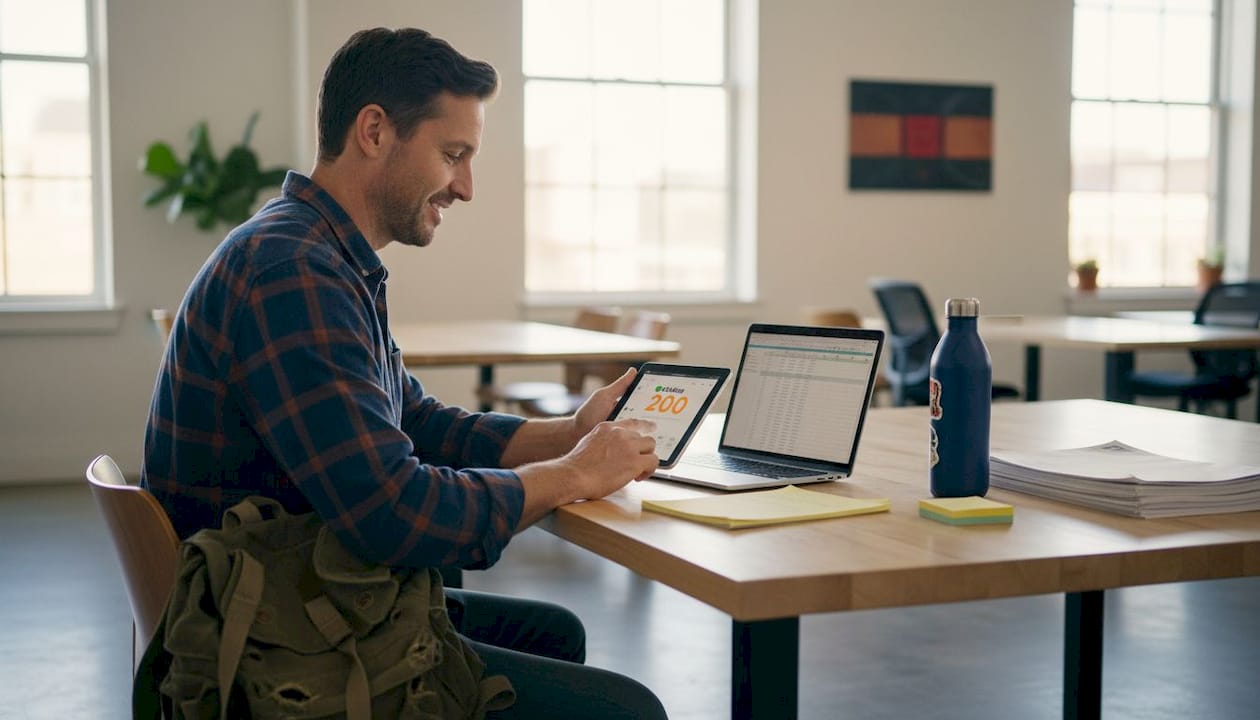 Man batch schedules social posts in shared workspace