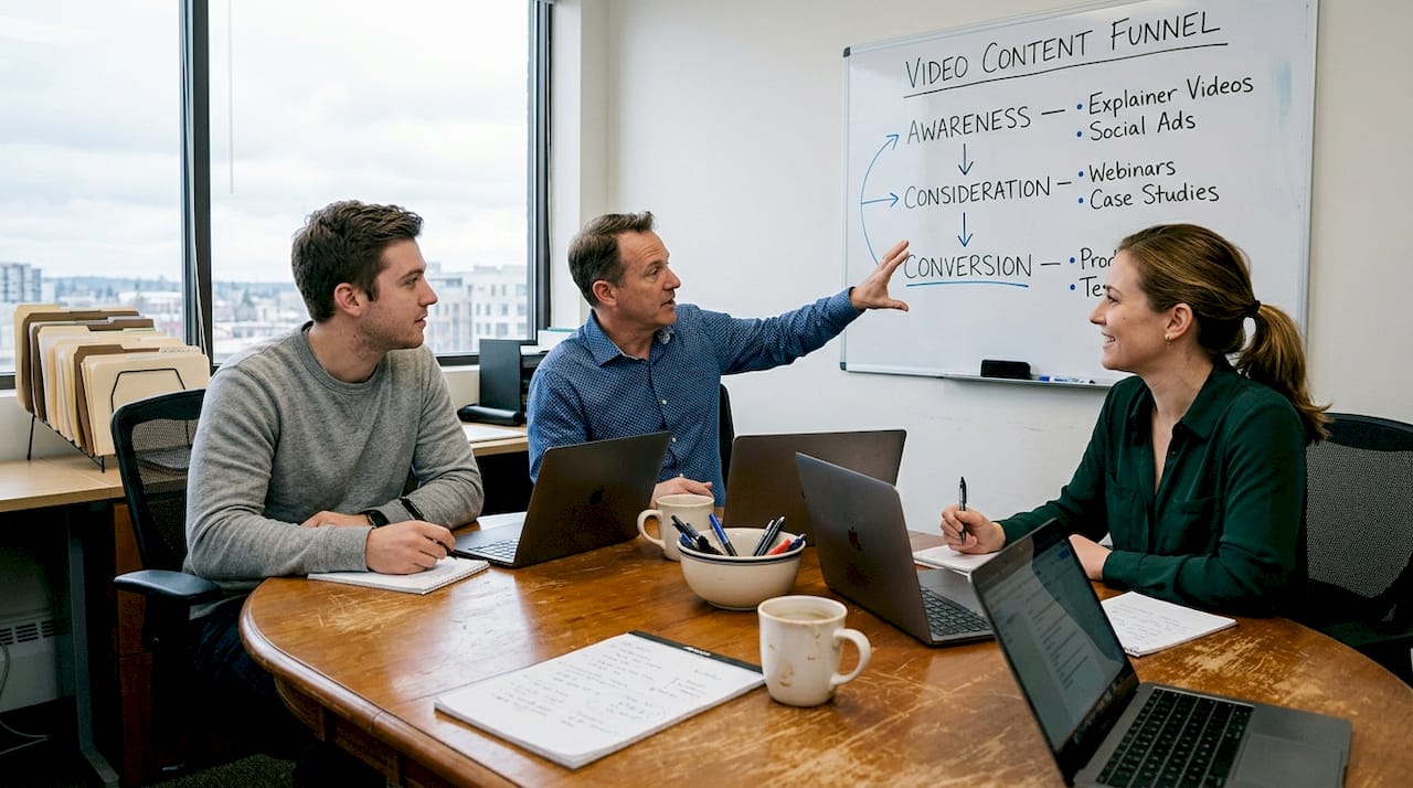 Team brainstorming e-commerce video strategies