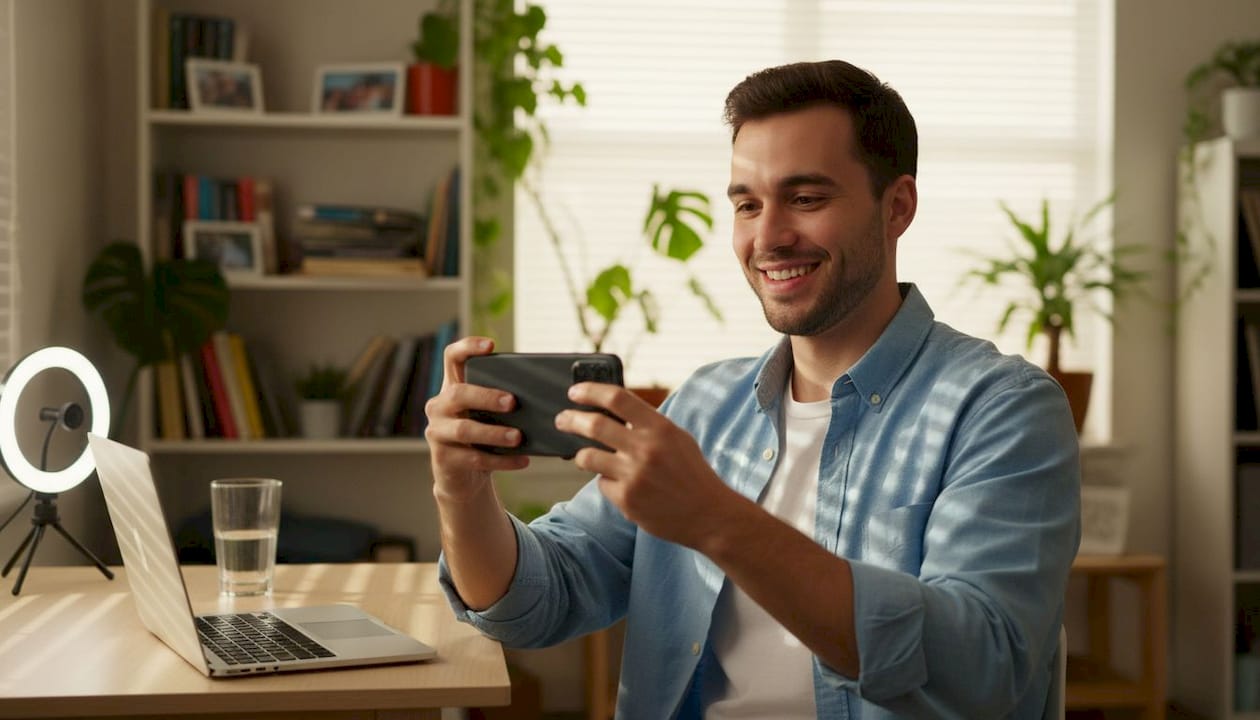 User recording product testimonial at home desk
