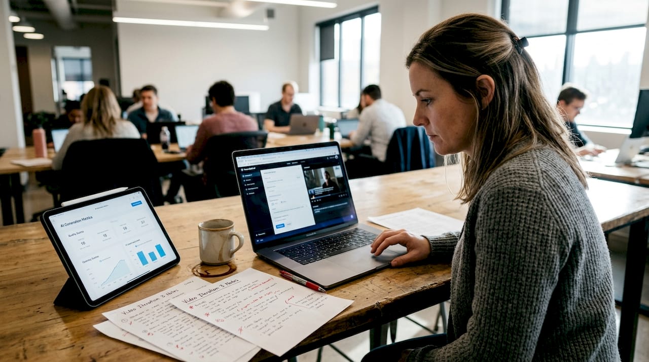 Manager reviews AI video quality process