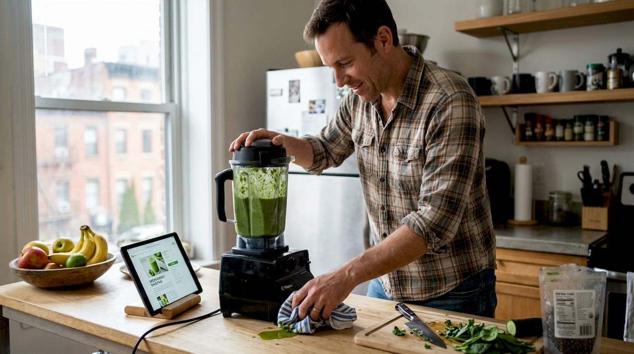 Man demonstrating blender in real kitchen