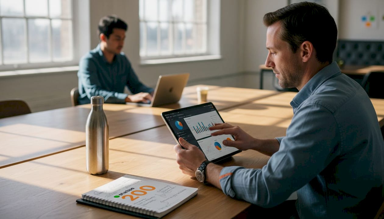 Man reviews scheduled posts in bright workspace