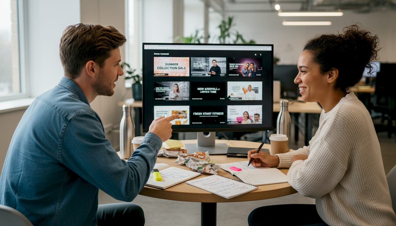 Coworkers reviewing video ads together